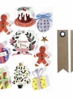 Graine Créative 10 Stickers 3D Décorations De Noël 5 Cm + 20 étiquettes Kraft Fanion