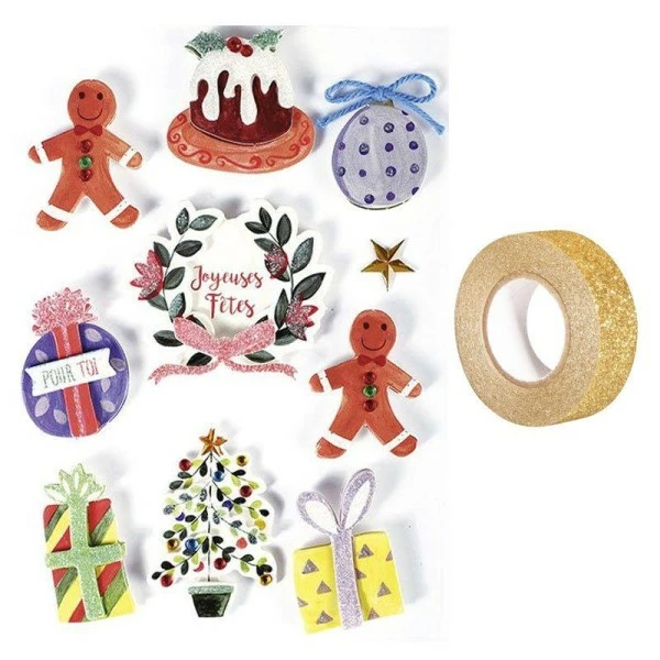 AUCUNE 10 Stickers 3D Décorations De Noël + Masking Tape Doré à Paillettes 5 M 1 AUCUNE 10 Stickers 3D Décorations De Noël + Masking Tape Doré à Paillettes 5 M