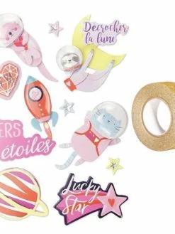 AUCUNE 10 Stickers 3D Galaxie + Masking Tape Doré à Paillettes 5 M
