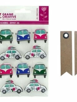 Graine Créative 10 Stickers 3D Voiture De Vacances + 20 étiquettes Kraft Fanion