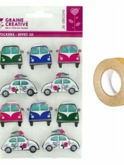AUCUNE 10 Stickers Voiture De Vacances Effet 3D + Masking Tape Doré à Paillettes 5 M