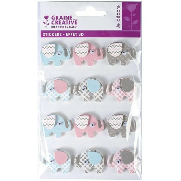 Graine Créative 12 Stickers 3D - Elephants 4,3 Cm 2 Graine Créative 12 Stickers 3D - Elephants 4,3 Cm – Image 2