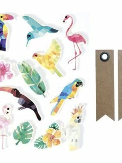 Graine Créative 12 Stickers 3D Oiseaux Tropicaux 6 Cm + 20 étiquettes Kraft Fanion