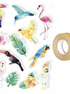 AUCUNE 12 Stickers 3D Oiseaux Tropicaux 6 Cm + Masking Tape Doré à Paillettes 5 M