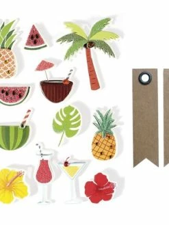 Graine Créative 12 Stickers 3D Tropical 5,5 Cm + 20 étiquettes Kraft Fanion
