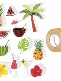 AUCUNE 12 Stickers 3D Tropical 5,5 Cm + Masking Tape Doré à Paillettes 5 M