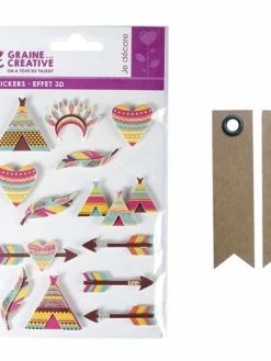 Graine Créative 13 Stickers 3D Indiens 5 Cm + 20 étiquettes Kraft Fanion