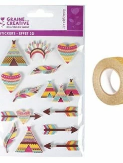 AUCUNE 13 Stickers 3D Indiens 5 Cm + Masking Tape Doré à Paillettes 5 M