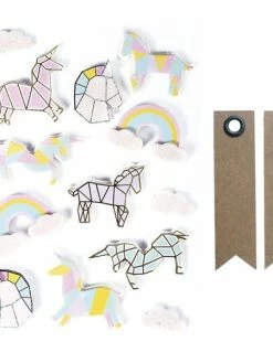 Graine Créative 13 Stickers 3D Licornes 5 Cm + 20 étiquettes Kraft Fanion