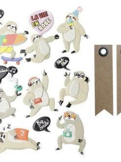 Graine Créative 15 Stickers 3D Paresseux + 20 étiquettes Kraft Fanion