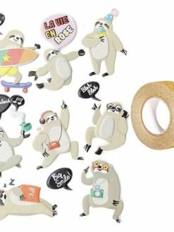 AUCUNE 15 Stickers 3D Paresseux + Masking Tape Doré à Paillettes 5 M