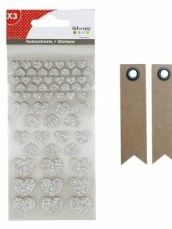 AUCUNE 174 Stickers Coeurs à Paillettes Argenté-blanc-rouge + 20 étiquettes Kraft Fanion