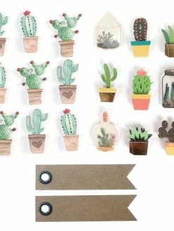 Graine Créative 18 Stickers 3D Cactus + 20 étiquettes Kraft Fanion