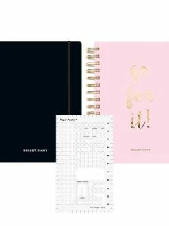 Rico Design 2 Agendas Bullet Journal Rose Et Noir à Spirales 96 Feuilles + Pochoir Flèches Et Formes