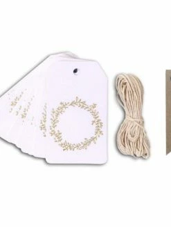 AUCUNE 20 étiquettes Blanches 8 Cm Couronne De Fleurs Dorée & Ficelle + 20 étiquettes Kraft Fanion