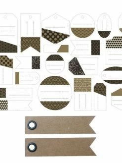 AUCUNE 21 étiquettes Perforées Noir, Doré & Blanc + 20 étiquettes Kraft Fanion