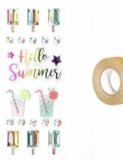 AUCUNE 22 Stickers 3D Hello Summer + Masking Tape Doré à Paillettes 5 M