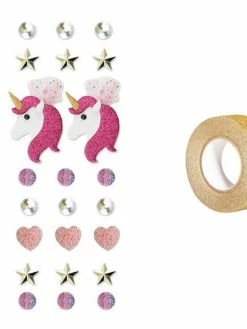 AUCUNE 23 Stickers 3D Licorne + Masking Tape Doré à Paillettes 5 M