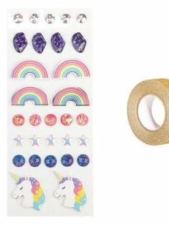 AUCUNE 30 Stickers 3D Arc-en-Ciel + Masking Tape Doré à Paillettes 5 M