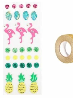 AUCUNE 30 Stickers 3D Flamants Rose Et Ananas + Masking Tape Doré à Paillettes 5 M