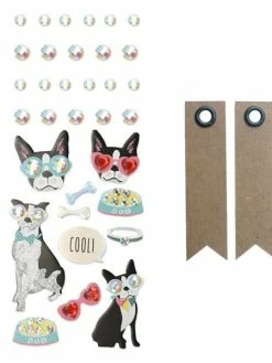 Graine Créative 33 Stickers 3D Chien à Lunettes + 20 étiquettes Kraft Fanion