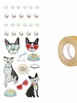 AUCUNE 33 Stickers 3D Chien à Lunettes + Masking Tape Doré à Paillettes 5 M