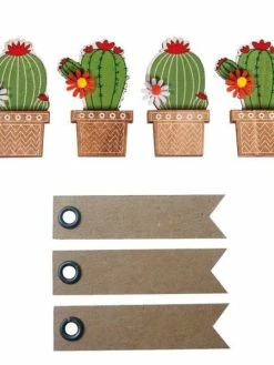 AUCUNE 4 Autocollants Bois Cactus 6,1 Cm + 20 étiquettes Kraft Fanion