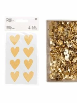 Rico Design 4 Feuilles D'Autocollants Coeurs Kraft + 150 Punaises Dorées