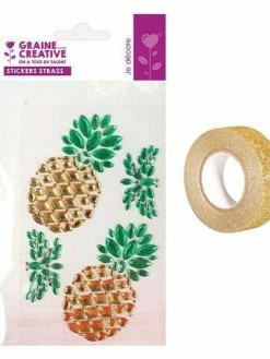 AUCUNE 4 Stickers Strass 15 X 9,5 Cm Ananas + Masking Tape Doré à Paillettes 5 M