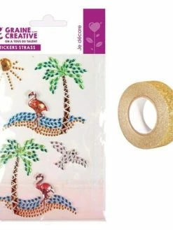 AUCUNE 4 Stickers Strass 15 X 9,5 Cm Ile Paradisiaque + Masking Tape Doré à Paillettes 5 M
