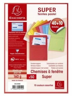 50 Chemises à Fenêtre 22x31cm Document A4 160g Couleurs Assorties Exacompta