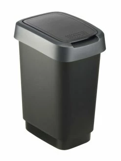 ROTHO Poubelle à Bascule Twist 10 L, Argent Foncé - Poubelle à Battant