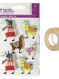 AUCUNE 6 Stickers 3D Lama 6 Cm + Masking Tape Doré à Paillettes 5 M