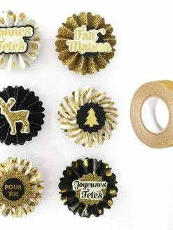AUCUNE 6 Stickers 3D Médaillons De Noël 4 Cm + Masking Tape Doré à Paillettes 5 M