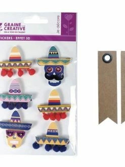 Graine Créative 6 Stickers 3D Sombreros 5,5 Cm + 20 étiquettes Kraft Fanion