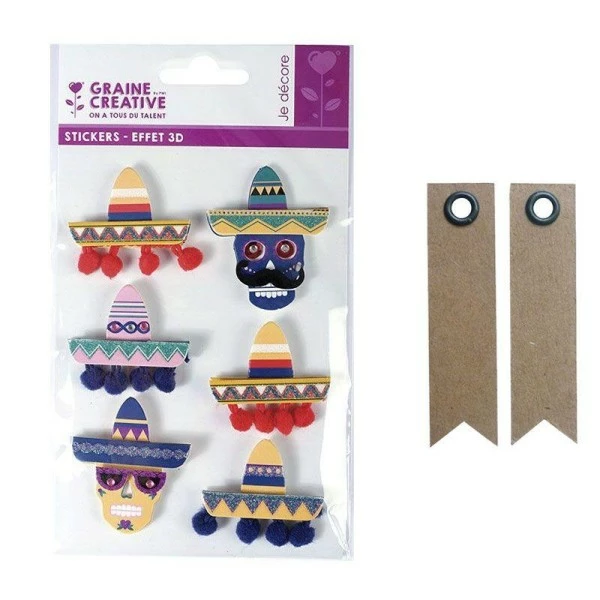 Graine Créative 6 Stickers 3D Sombreros 5,5 Cm + 20 étiquettes Kraft Fanion 1 Graine Créative 6 Stickers 3D Sombreros 5,5 Cm + 20 étiquettes Kraft Fanion