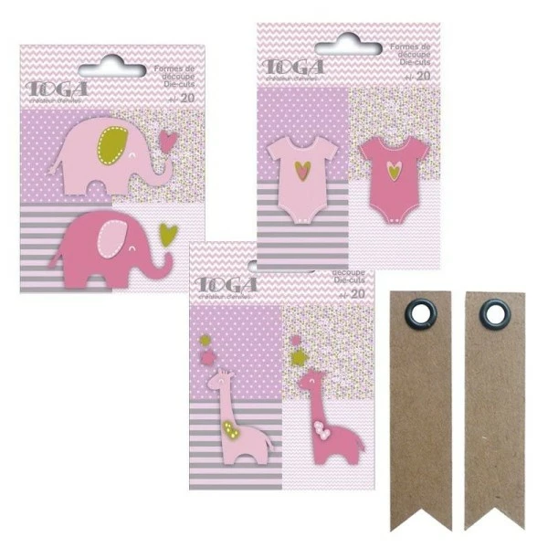 AUCUNE 60 Formes Découpées Girafes, éléphants Et Body Rose-vert-gris + 20 étiquettes Kraft Fanion 1 AUCUNE 60 Formes Découpées Girafes, éléphants Et Body Rose-vert-gris + 20 étiquettes Kraft Fanion