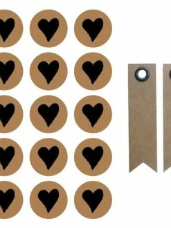Graine Créative 60 Stickers Ronds Ø 2,6 Cm Avec Coeur Noir + 20 étiquettes Kraft Fanion