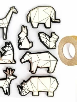 AUCUNE 8 Stickers 3D Animaux Du Zoo 6 Cm + Masking Tape Doré à Paillettes 5 M