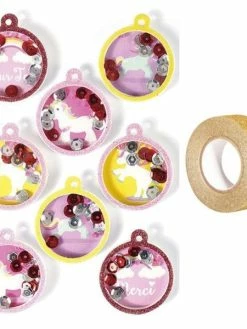 AUCUNE 8 Stickers 3D Boules Licorne 4,5 Cm + Masking Tape Doré à Paillettes 5 M