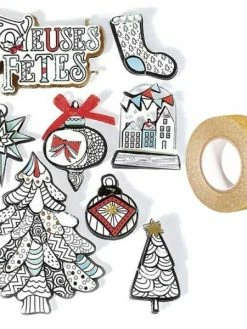 AUCUNE 8 Stickers 3D De Noël Hiver Blanc 8 Cm + Masking Tape Doré à Paillettes 5 M