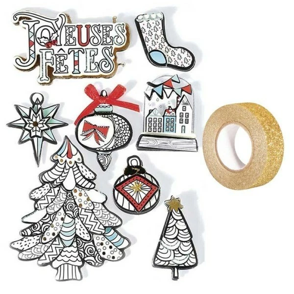 AUCUNE 8 Stickers 3D De Noël Hiver Blanc 8 Cm + Masking Tape Doré à Paillettes 5 M 1 AUCUNE 8 Stickers 3D De Noël Hiver Blanc 8 Cm + Masking Tape Doré à Paillettes 5 M
