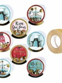 AUCUNE 8 Stickers 3D De Noël Pingouins 4 Cm + Masking Tape Doré à Paillettes 5 M