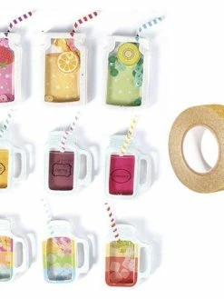 AUCUNE 9 Stickers 3D Boissons Mason Jars 5 Cm + Masking Tape Doré à Paillettes 5 M