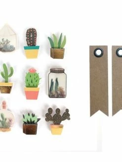 Graine Créative 9 Stickers 3D Cactus Et Botanique 4 Cm + 20 étiquettes Kraft Fanion