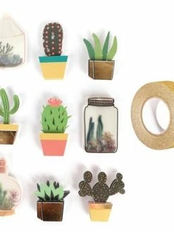 AUCUNE 9 Stickers 3D Cactus Et Botanique 4 Cm + Masking Tape Doré à Paillettes 5 M