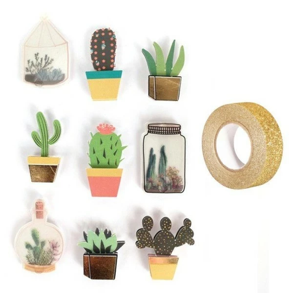 AUCUNE 9 Stickers 3D Cactus Et Botanique 4 Cm + Masking Tape Doré à Paillettes 5 M 1 AUCUNE 9 Stickers 3D Cactus Et Botanique 4 Cm + Masking Tape Doré à Paillettes 5 M