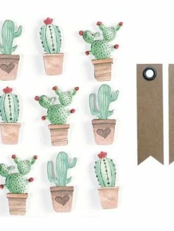 Graine Créative 9 Stickers 3D Cactus Mexicains 4,5 Cm + 20 étiquettes Kraft Fanion