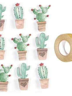 AUCUNE 9 Stickers 3D Cactus Mexicains 4,5 Cm + Masking Tape Doré à Paillettes 5 M