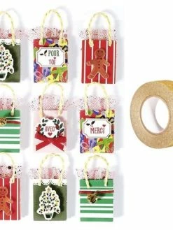 AUCUNE 9 Stickers 3D De Noël Sac Cadeau + Masking Tape Doré à Paillettes 5 M